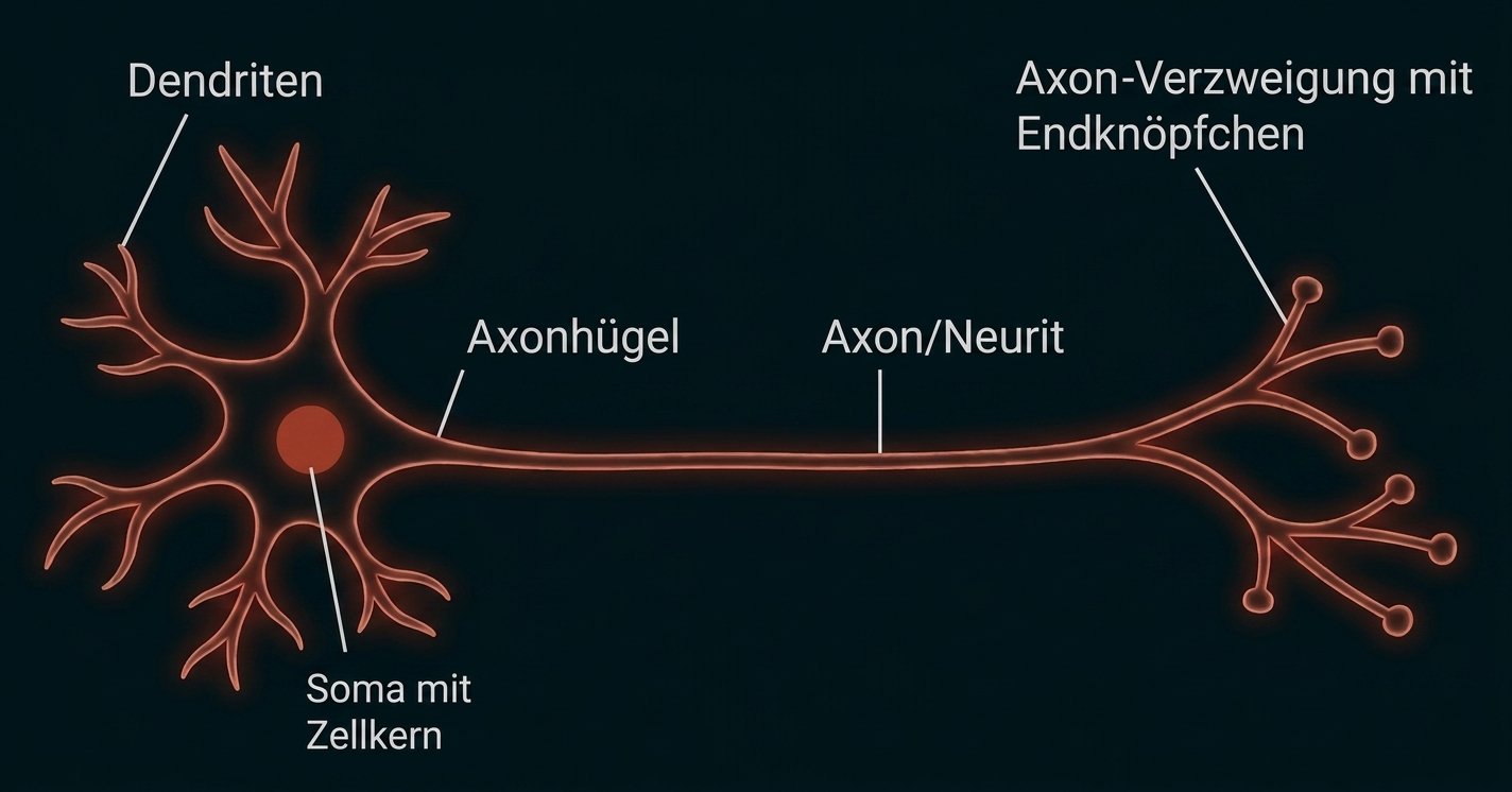 Schematische Zeichnung einer Nervenzelle (Neuron) mit Dendriten, Soma, Axon, Axonverzweigung und Endknöpfchen